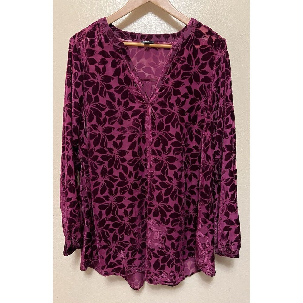 Torrid Burnout Velvet Floral Long Sleeve Blouse Magenta Boho Sz 2 Stunning